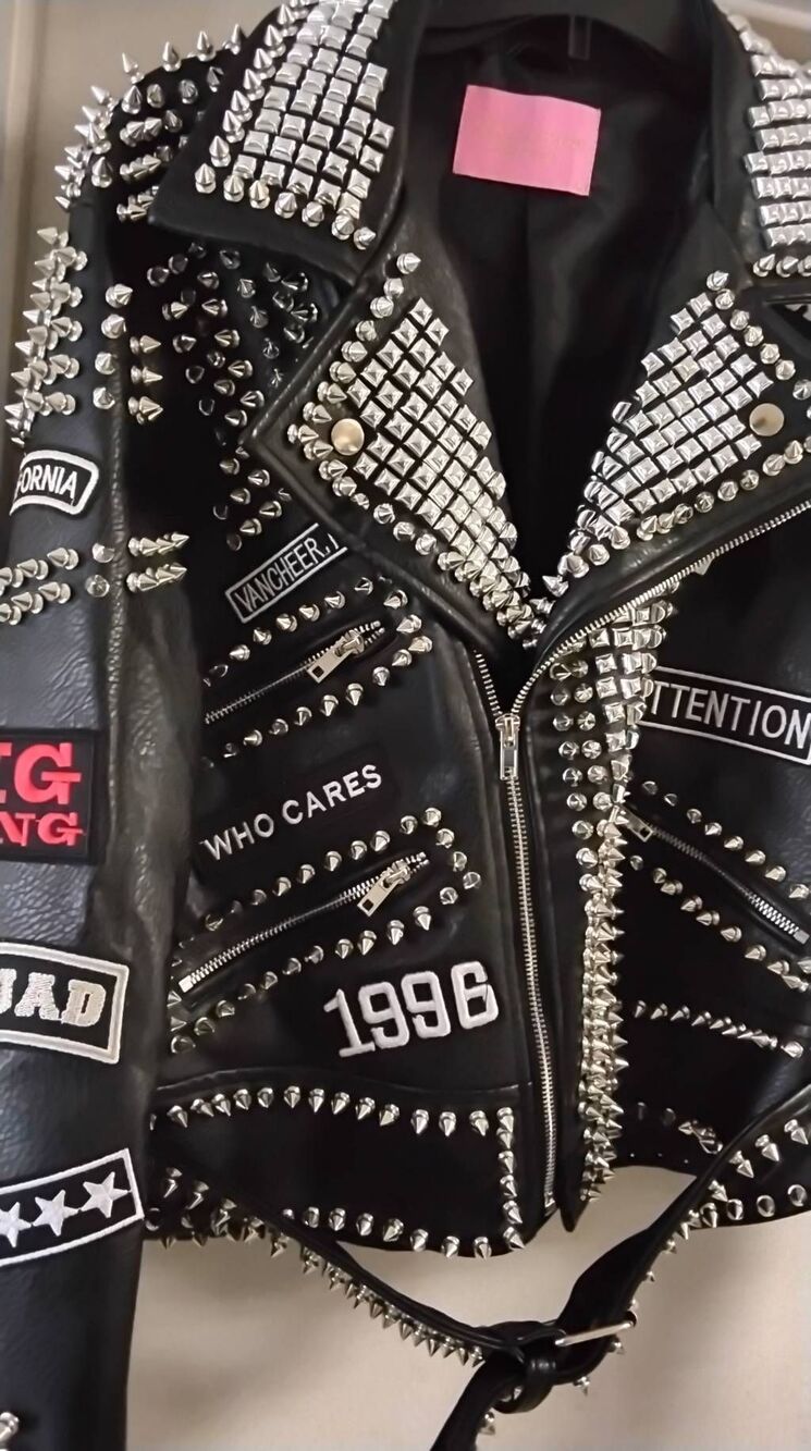 NWOT~AZALEA WANG Black AC/DC Punk Rock Studded Patchwork Moto Jacket Sz XL - Picture 3 of 11